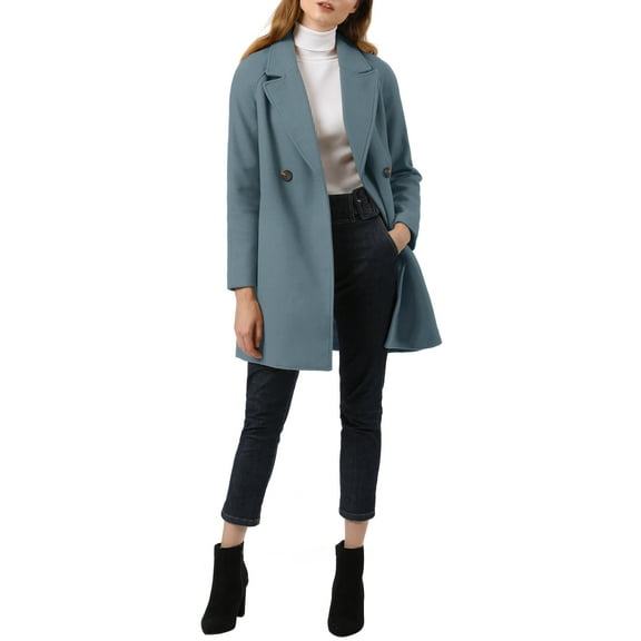 Unique Bargains Women's Notched Lapel Double Breasted Raglan Sleeve Winter Coat XL Dusty Blue