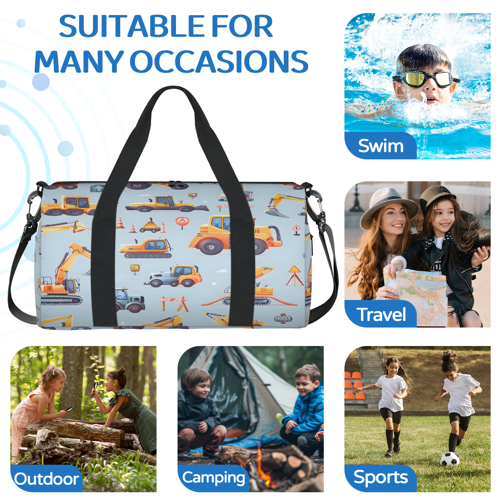 Herdesigns Excavator Travel Duffle Bag Sports Yoga Weekender Overnight Carry on Workout Bags Lightweight Waterproof Gym Tote Bag for Women Cartoon Tractor Machinery Trucks