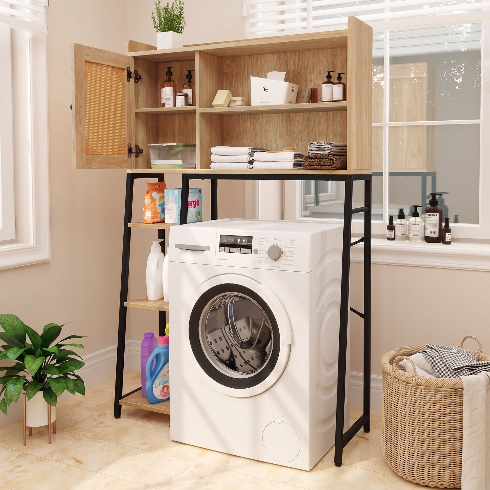 Vebreda Over-the-Toilet Storage, Over The Toilet Storage Cabinet with PE Rattan Door and Open Storage Shelves, Diverse and Flexible Storage Space