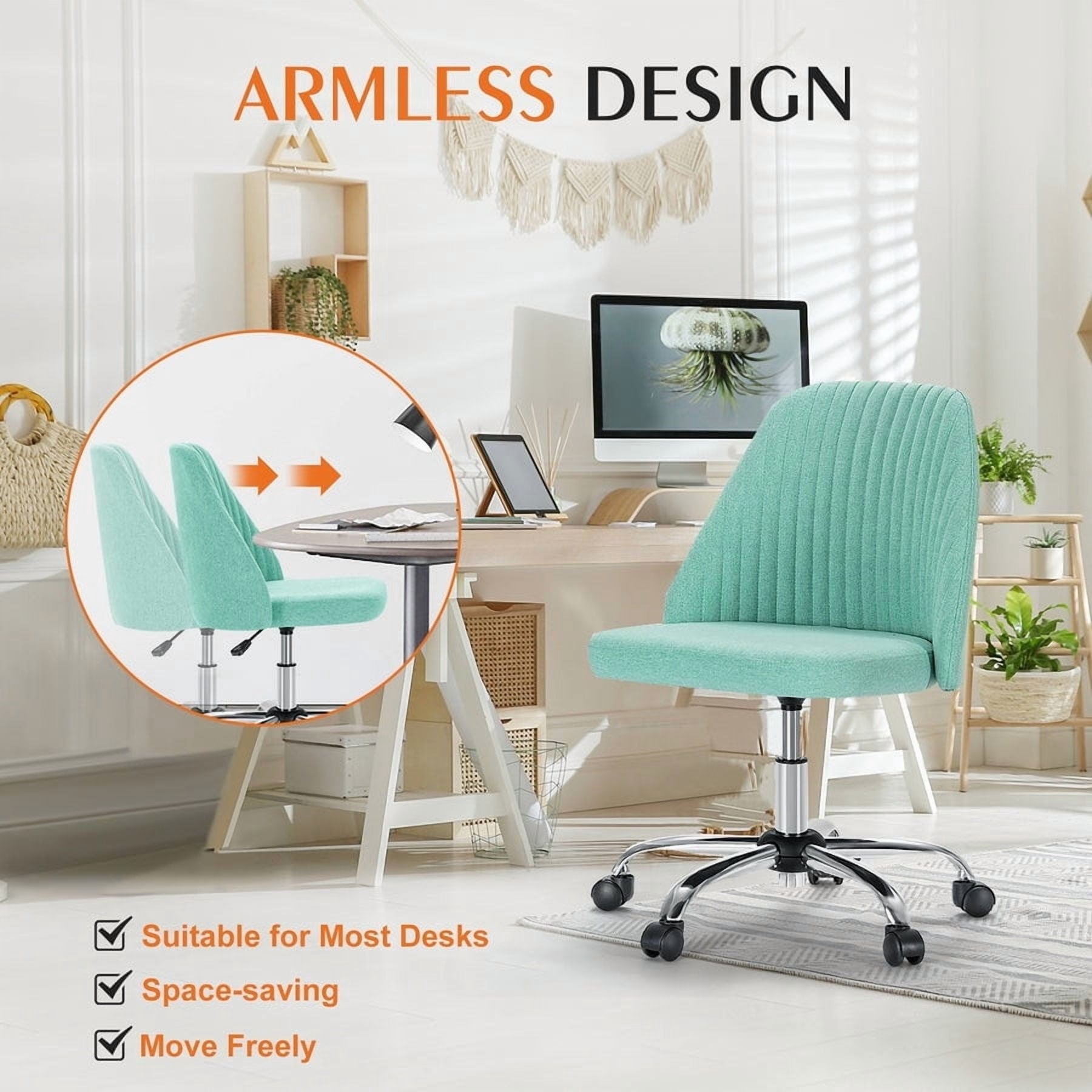 Colorful Linen Desk Chair, Comfy Thick Seat with Swivel Wheels, Armless Task Chair, Green
