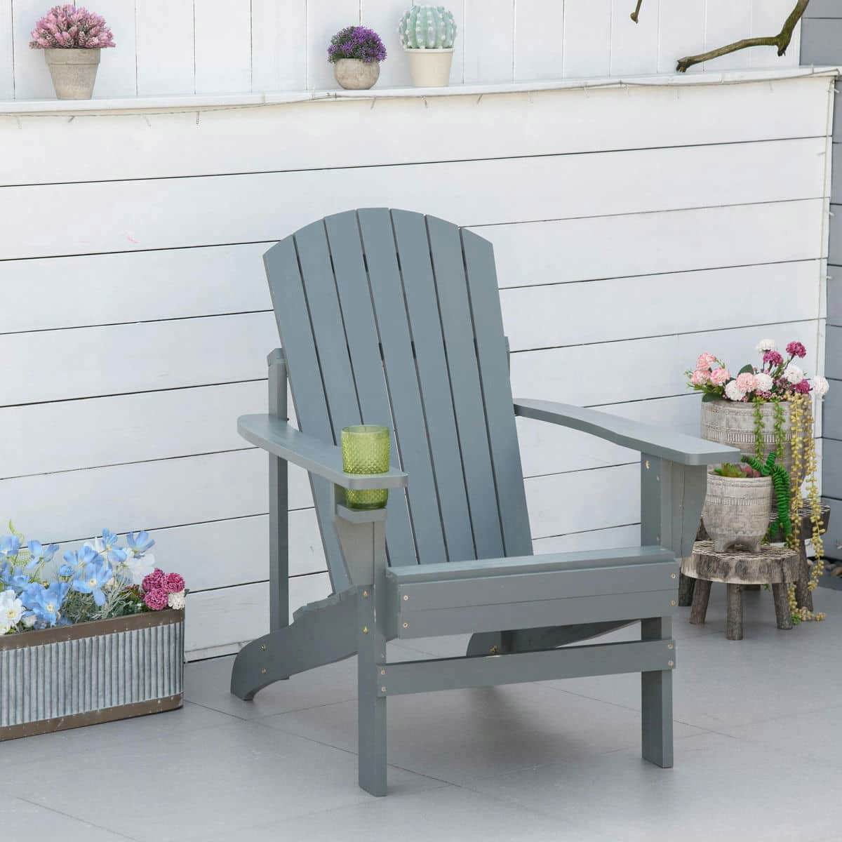 YYAo Patio Chairs, Patio Adirondack Chairs,Oversized Adirondack Chair, Outdoor Fire Pit and Porch Seating, Classic Log Lounge w/ Built-in Cupholder, Dark Gray