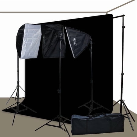 3 Softbox Photography Video Lighting Kit 10x12 Black Muslin Background Stand Set