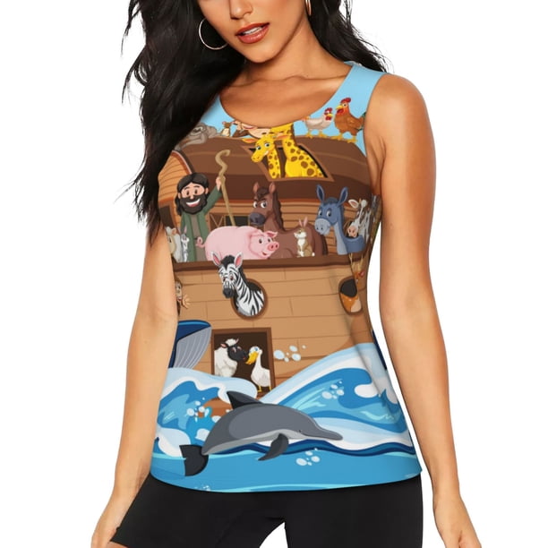 Fotbe Animals on Noah's Ark Floating Blusas Sin Mangas para Mujer – Estilo Casual, Corte Suelto, Slim-Fit, Cuello Redondo Deportivo, Tops de Verano para Gimnasio y Yoga-Small