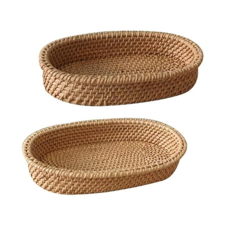 

2x Wicker Tray Display Rattan Serving Tray for Drink Vegetables Shelves Countertop