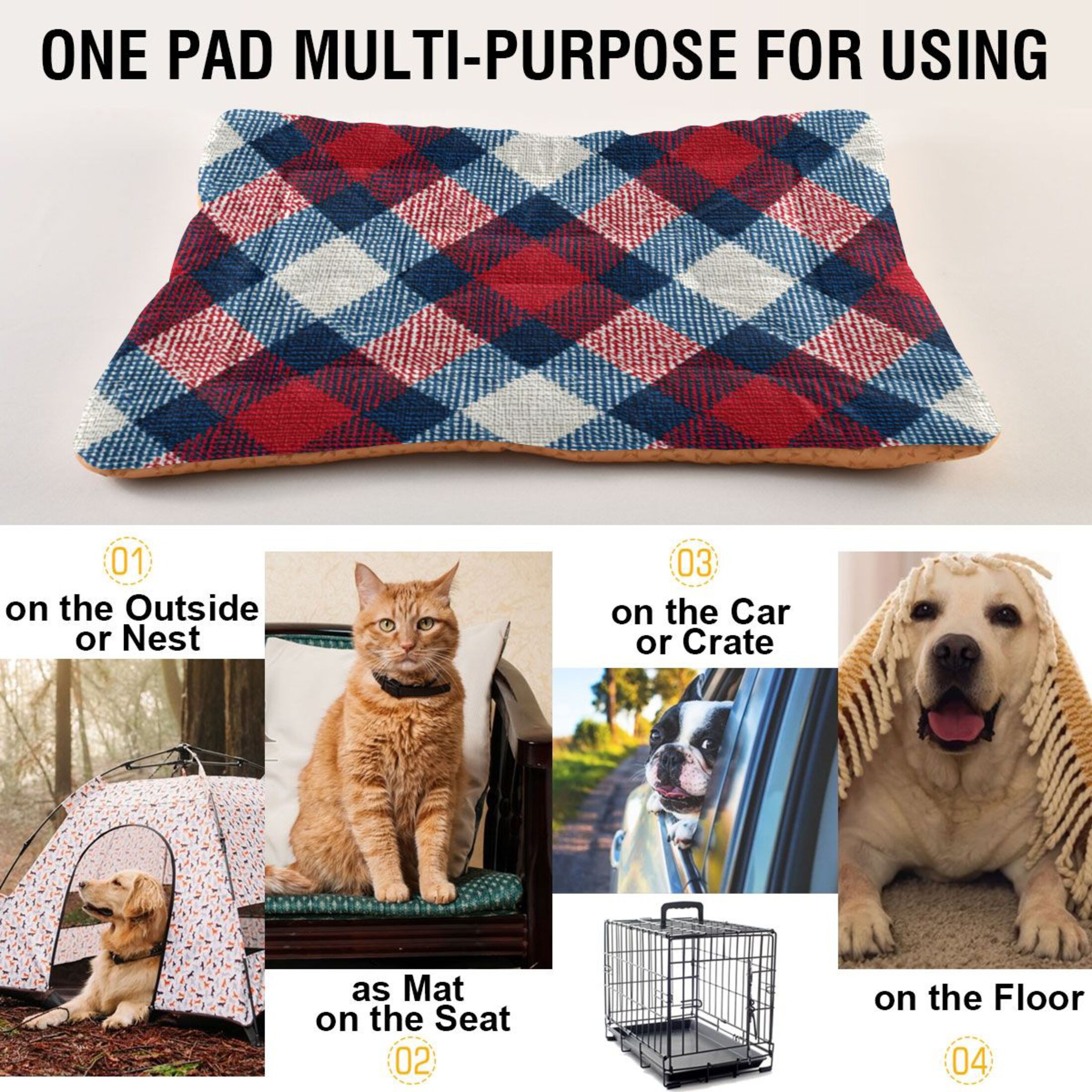 Cozy Mat Pet Bed Indoor Outdoor Warm Soft For Cat Dog Puppy(S/M) Tartan Pattern with Blue Accents