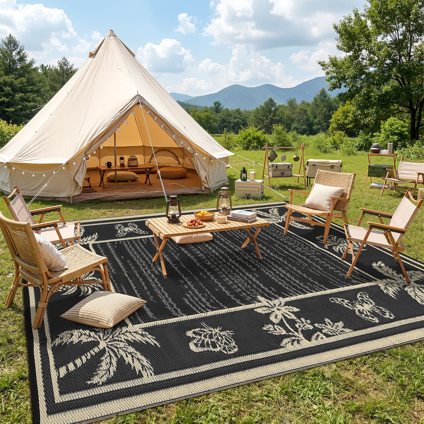 HIWEAVER Black/Brown 8'x 10' Outdoor Rug Garden Decor Floral Bordered Carpet Plastic Straw Waterproof Reversible Patio Area Rug for Balcony Deck Picnic Portable Camping Mat