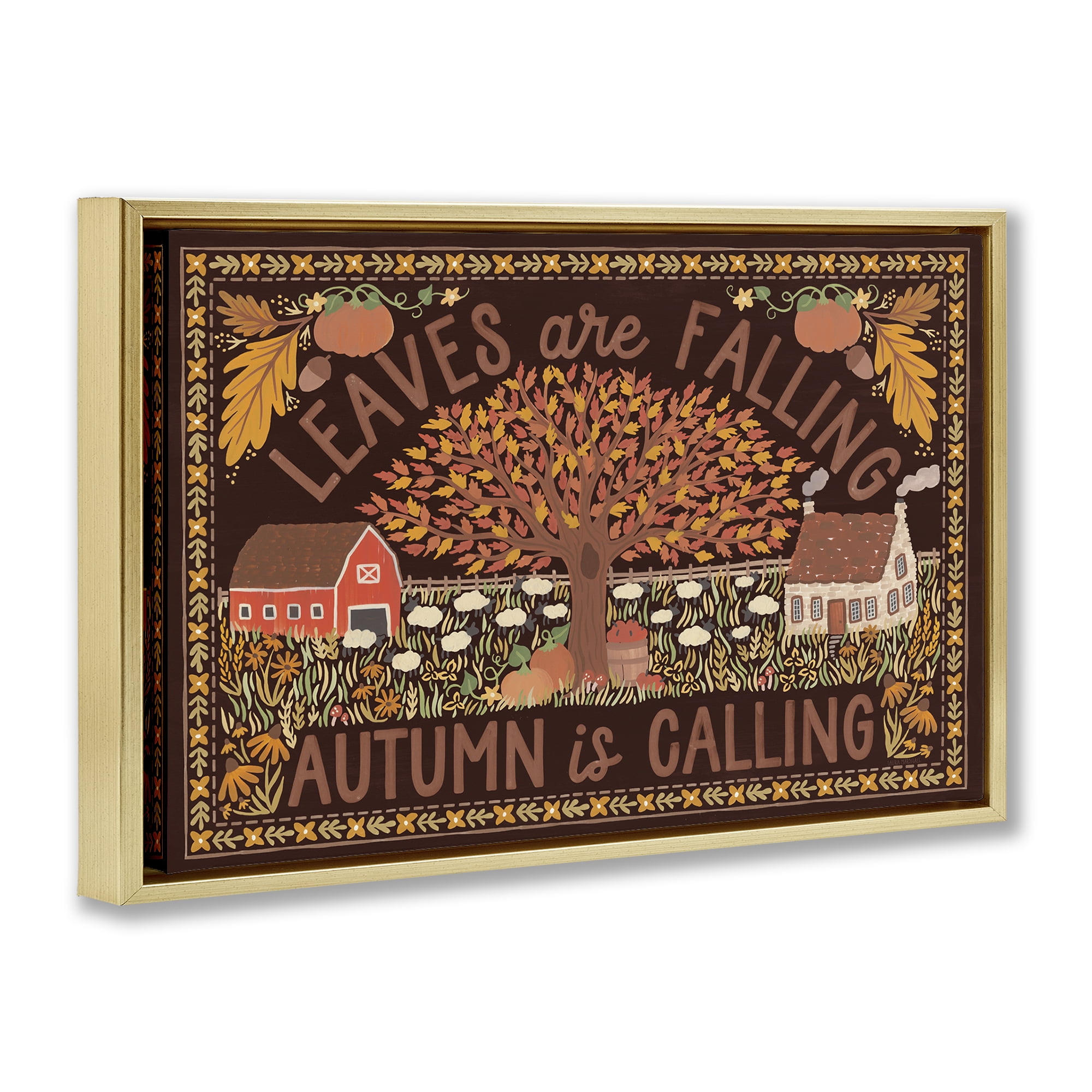 Stupell Industries Leaves Falling on Brown Landscape Painting Gold Floater Framed Canvas Art Prints Wall Art, 31 x 21