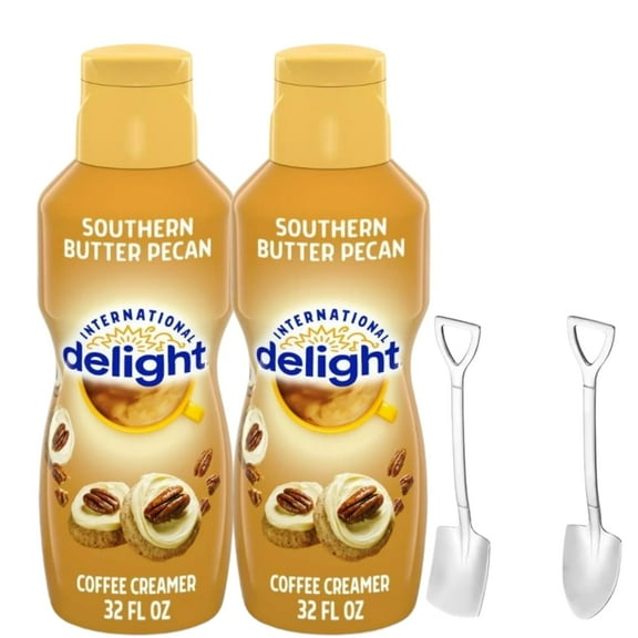 Candy Freezer Int'l Delight Shelf-stable Non-dairy Liquid Coffee Creamer.- Pack of Two (2) 32 fl oz Bottles (Southern Butter Pecan) with Shovel Spoon