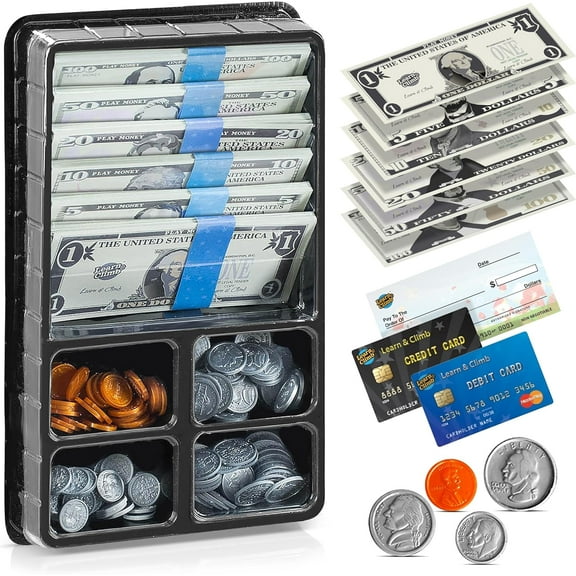 Play Money Set for Kids – Fake Money for Play and Learning – Kit Includes: Bills, Coins, Credit Card, and Checkbook