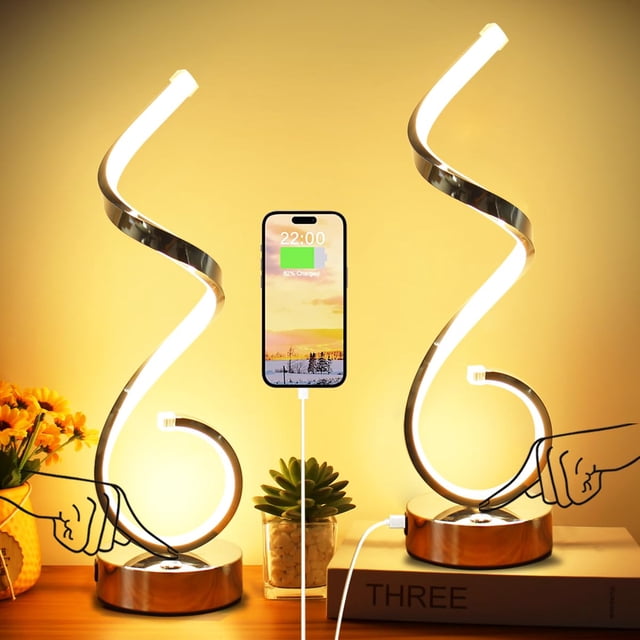 BESKETIE Lampe de Table LED Moderne en Spirale, Ensemble de 2, Lampe de Table 10 W à Commande Tactile avec Ports de Recharge USB, 3 Modes de Couleur à Intensité Réglable pour Table de Chevet et Bureau