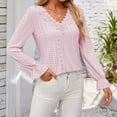 thumbnail image 5 of ATOYSOY Casual Dressy Tunic Loose Eyelet Shirts for Women Long Sleeve Tees Solid Color Tops Outwear Fall Trendy V Neck Lace Pullovers Pink L, 5 of 6