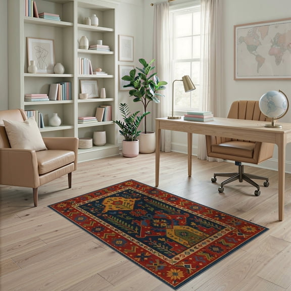 ODIKA 4'x6' Red Navy Rich and Geometric Elegance Washable Area Rug Intricate Southwest Motif With Floral Accents for Dorm Room, Small Living Stain Resistant Low Profile, Easy Care
