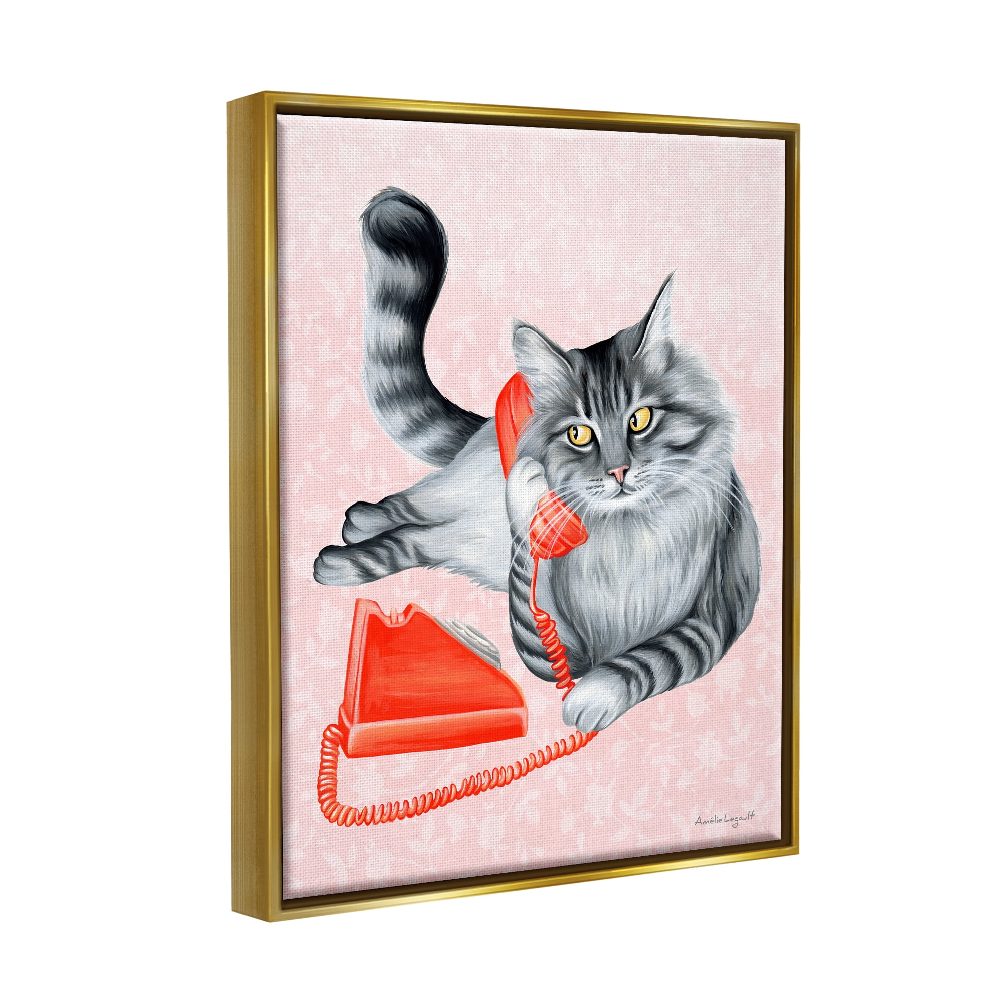 Stupell Industries Expressive Manx Cat Vintage Telephone Botanical Pattern Graphic Art Metallic Gold Floating Framed Canvas Print Wall Art, Design by Amelie Legault