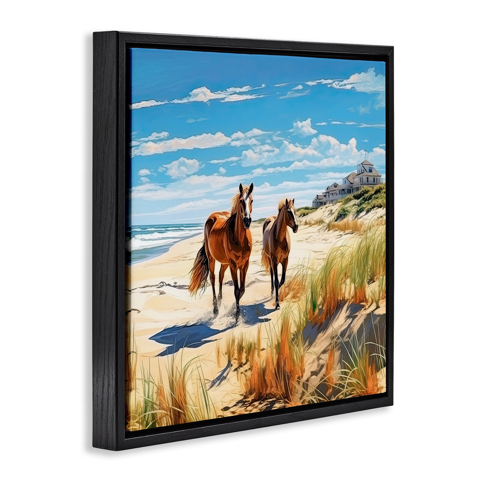 Stupell Industries Galloping Beach Horses Coastal Painting Black Floater Framed Canvas Art Print Wall Art, 25 x 25