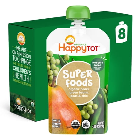Happy Tot Organics Super Foods Stage 4, Pears Green Beans Peas & Super Chia, Organic Tot Food Pouches, 4.22 oz. (8 pack)