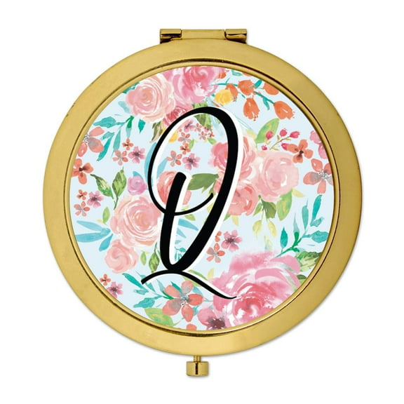 Koyal Wholesale Compact Mirror Bridesmaid's Wedding Gift, Gold, Monogram Letter Q, Tea Party Pink Floral Flowers, 1-Pack