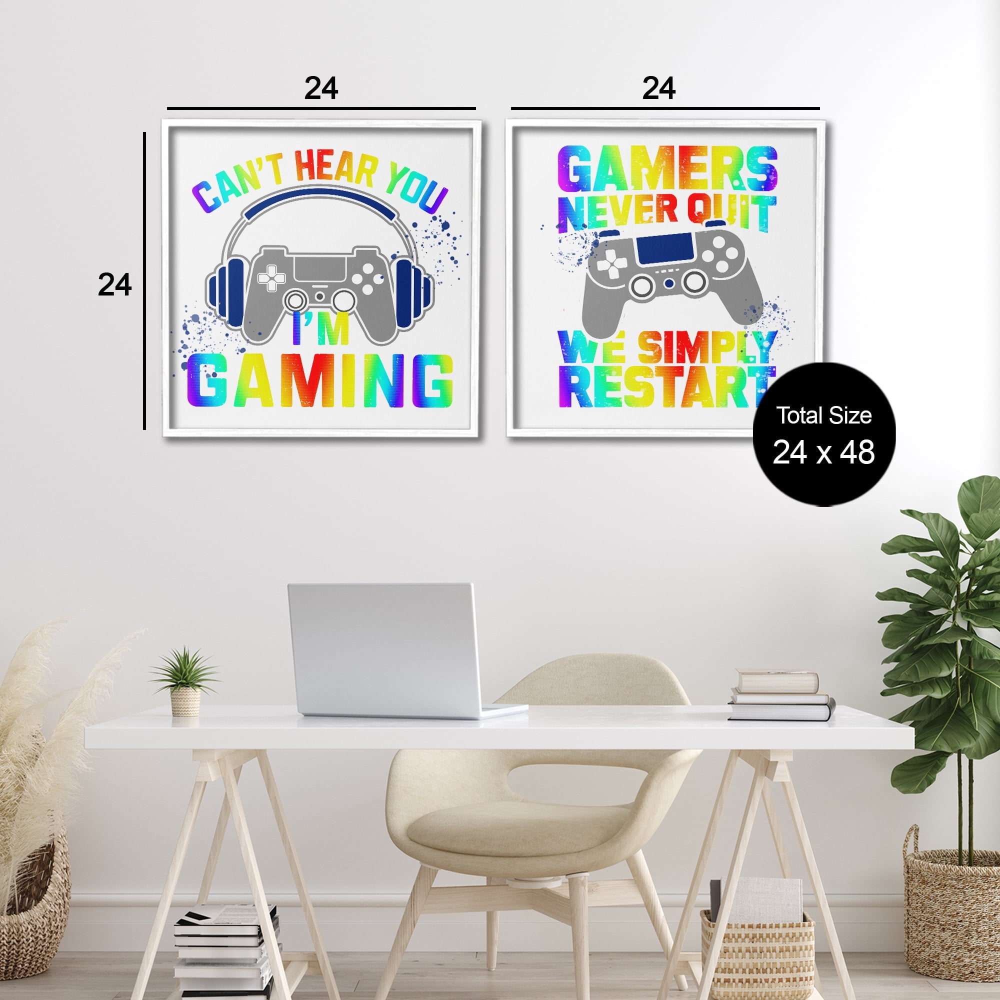 Rainbow Retro Gaming Phrases 2 Piece White Framed Giclee Art Set, design by Kim Allen