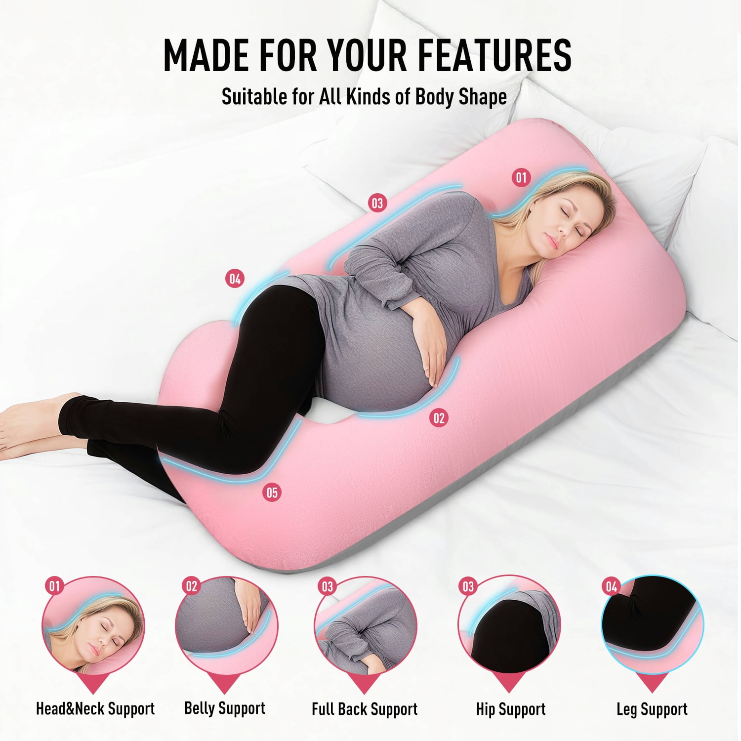 Babyomi J Shaped Maternity Pillow - Full Body Support for Pregnancy, Back & Hip Pain Relief, 3-in-1 Nursing Pillow, Machine Washable Cover, Grey Pink