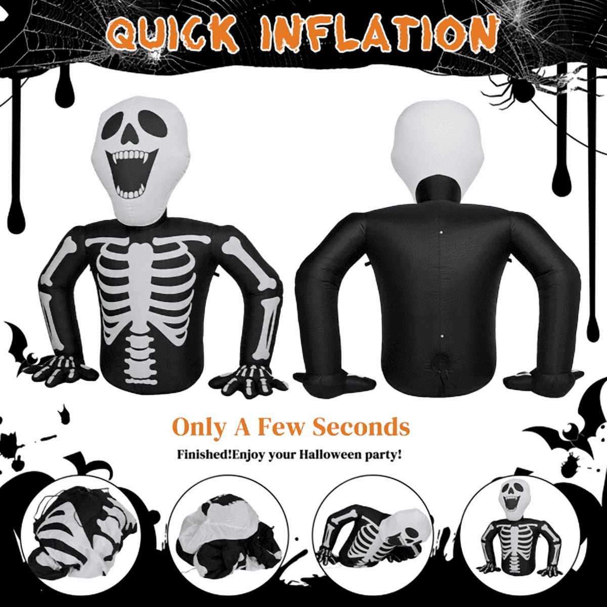 Alvantor 6 ft Halloween Inflatable Skeleton with 3 LED Lights, Black and White, for Outdoor Yard Display