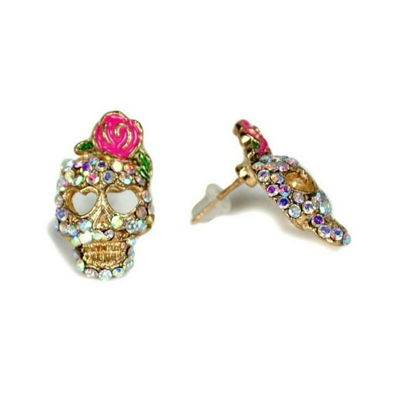 Womens Earrings Bling Skull Rose Rhinestone Flower Day Of The Dead Skeleton Stud Jewelry