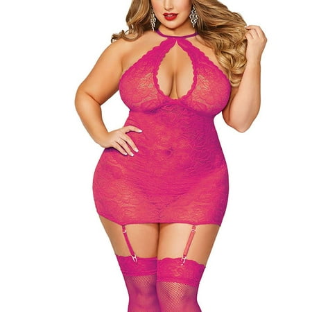 iLH Women Sexy Halter Plus Size Lace Lingerie Keyhole Babydoll Chemise with Garters