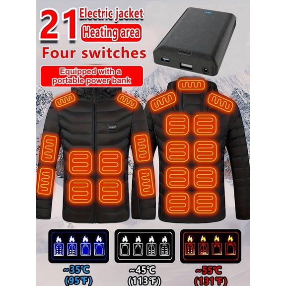 21 Areas Heated USB Electric Winter Outdoor Jacket, witht 10000mAh Large-Capacity Battery