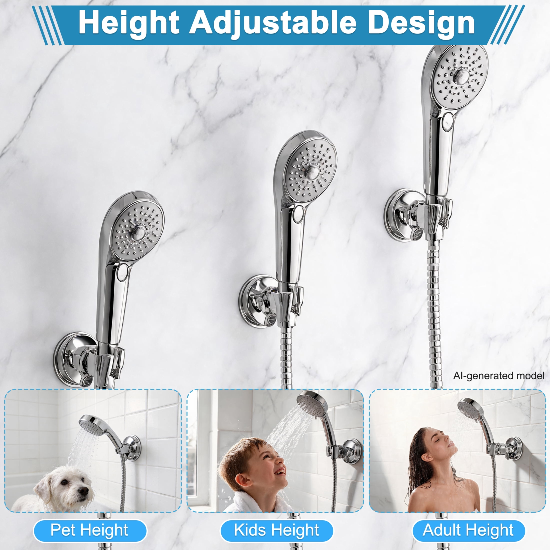 Shower Head Holder, 360‑Degree Adjustable Suction Cup Handheld Shower Bracket, Shower Wand holder No Drill Shower Wall Mount, Removable Shower Head Mount Holder for Smooth Bathroom Surfaces
