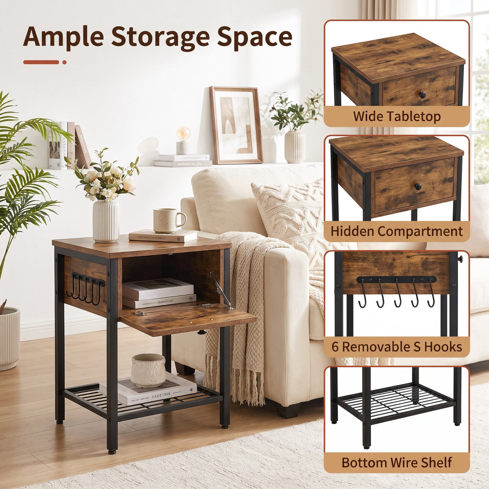 Furnibear Set of 2 End Table with Charging Station and Hidden Compartment USB Type C Ports and Bottom Shelf for Living Room Bedroom, Rustic Brown