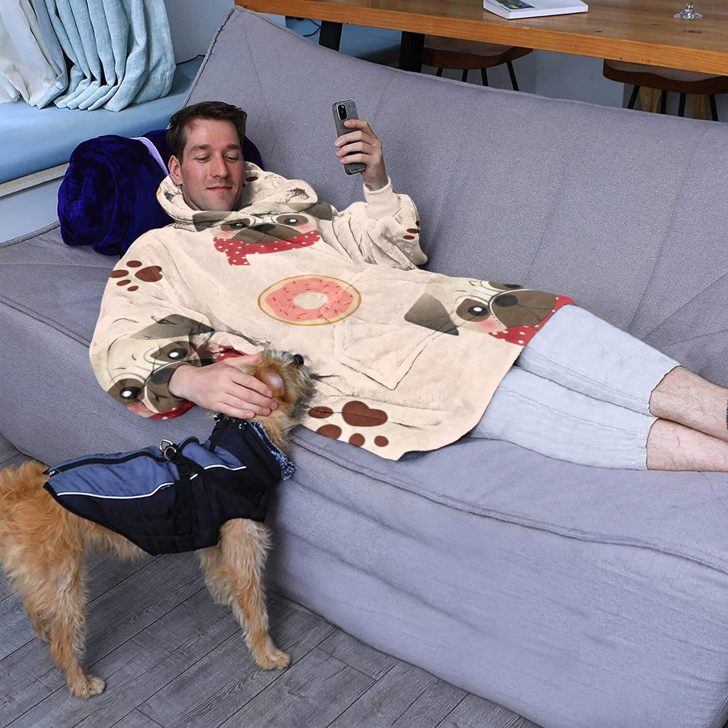 Pug and Donut Wearable Oversized Blanket,Wearable Blanket Hoodie for Adults,Cozy Hooded Blankets with Super Pockets,Super Warm Fuzzy Pullover for Women & Men