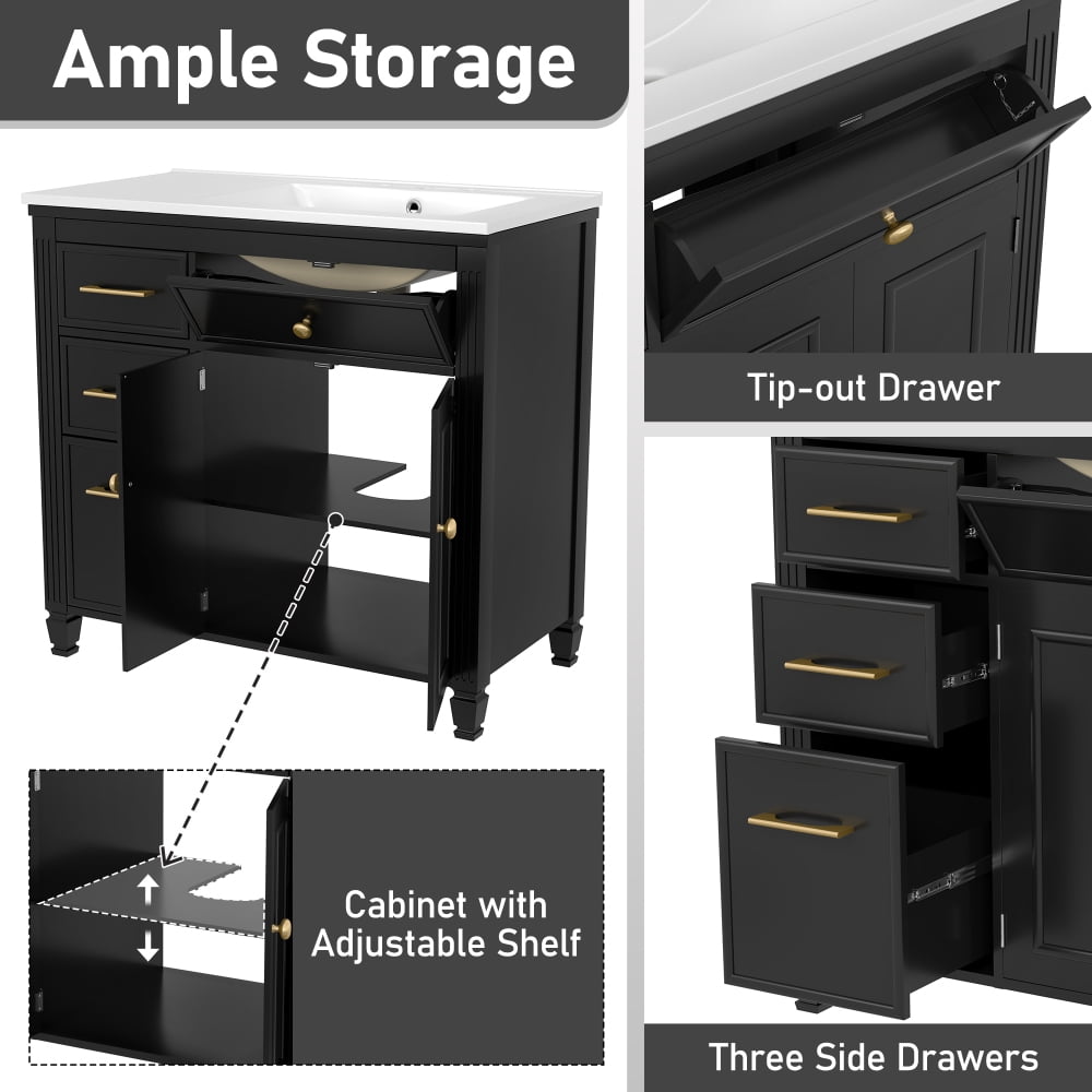 [Video] 36" Bathroom Vanity with Sink, Ceramic Sink, One Tip-out Drawer, 3 Side Drawers, Adjustable Shelf, Gray Black