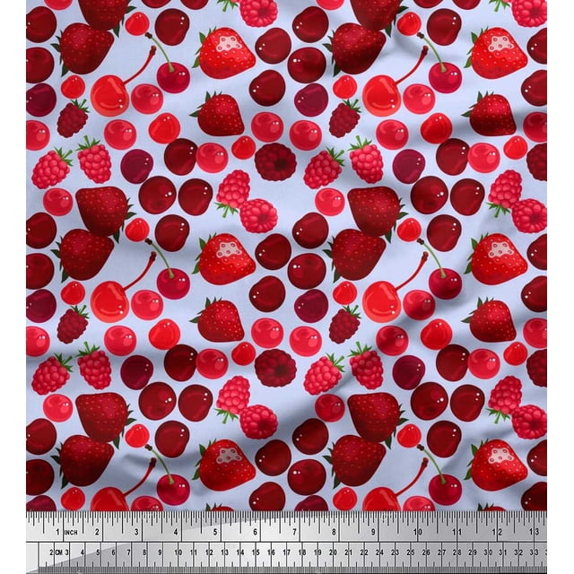 Soimoi Poly Georgette Fabric Raspberry,Strawberry & Cherry Fruits Printed Craft Fabric by The Yard 42 Inch Wide