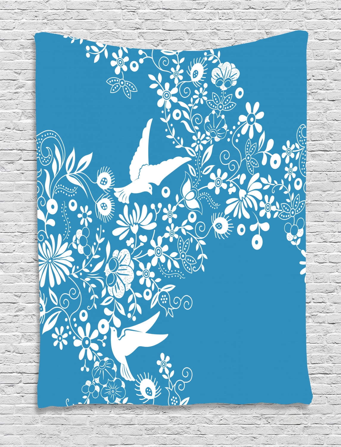 Blue Tapestry, Ornamental Blooming Flowers on Branches with Flying Dove