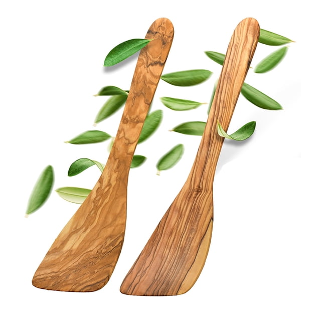 Olive Wood Spatula for Cooking,Wooden Scraping Spoon with Flat Bottom Edge for Nonstick Cookware, Stirring, Fry, Mixing