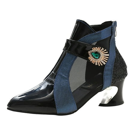 OJSFQUFP Ankle Boots for Women Heeled Mesh Boots Hollow Mesh Sandals Thick Heels Fashionable and Versatile Women s Shoes Ankle Boots Slouchy Boots Blue 37