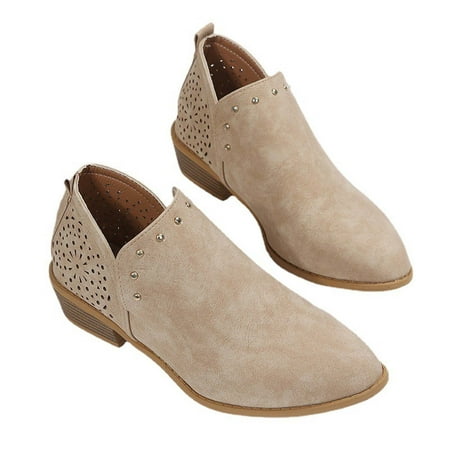 Lilgiuy Women Round Toe Hollow Shoes Shallow Square Heels Slip-On Casual Single ShoesBeige 7.5 2022 Fall Winter