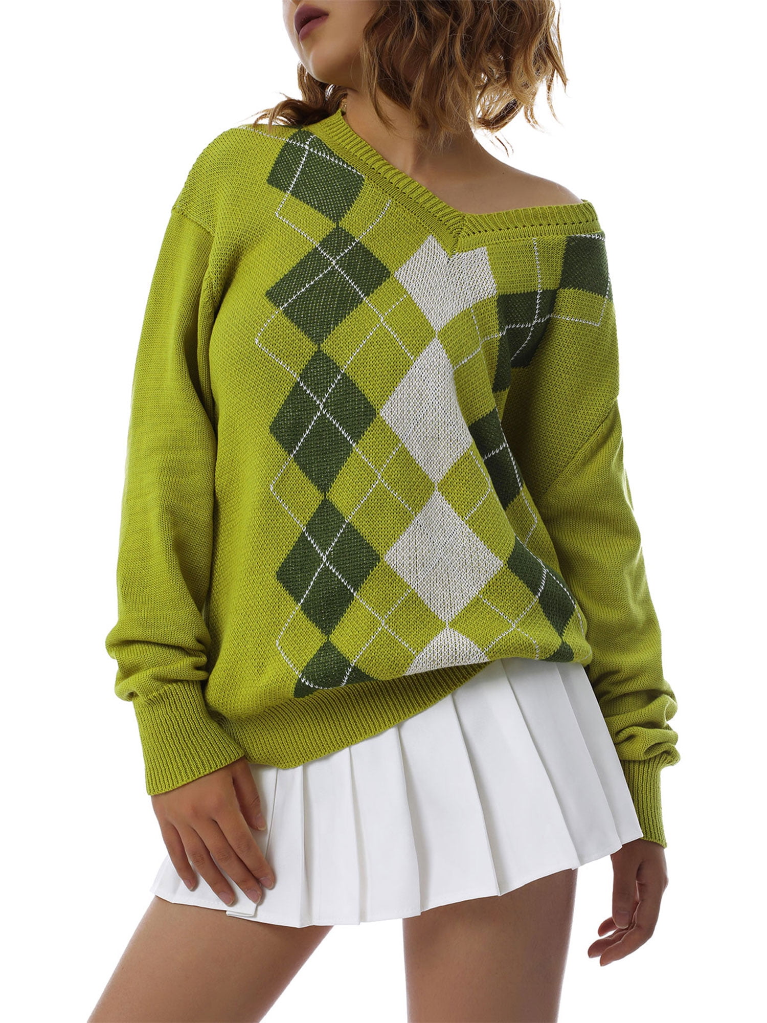 Qiylii Women Rhombus Pattern Sweater 
