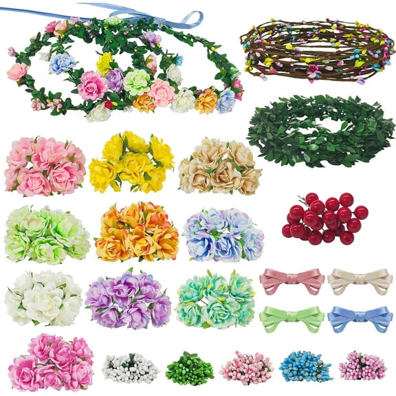 DIY Flower Crown Making Kit - Create 20 Sets of Floral Wreaths, Headbands & Bracelets with Roses, Berries & Ribbons for Weddings, Parties, and Gifts