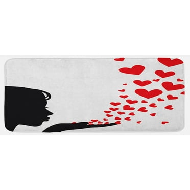 Kiss Kitchen Mat, Girl Black Silhouette Blowing Red Hearts Romance Love Valentines Day Theme, Plush Decorative Kitchen Mat with Non Slip Backing, 47" X 19", Black White Red, by Ambesonne