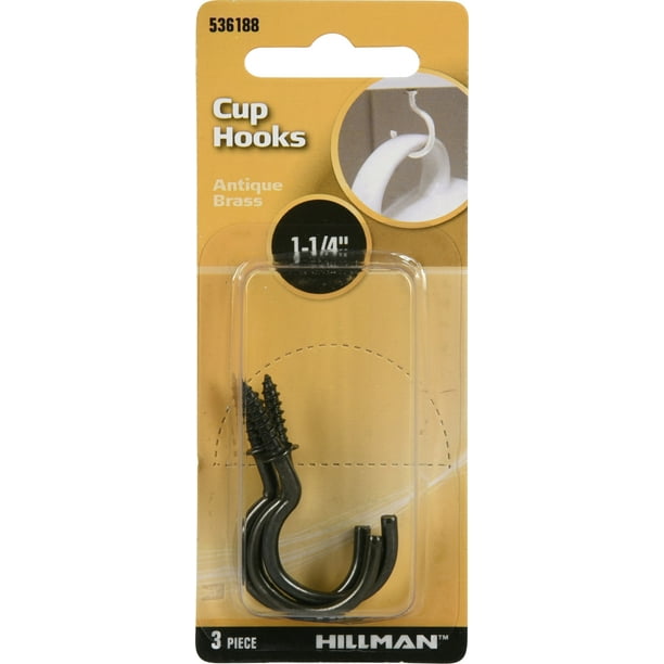 Hillman Cup Hooks, Cup Hangers, Antique Brass Finish (11/4") 3 Pack