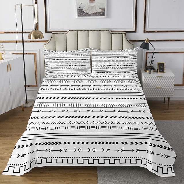 Abstract Geometric Quilt Set Western Aztec Bedspread Set King,Bohemian Coverlet Set Exotic Boho Stripes Quilted,Tribal Arrow Buffalo Plaid Decor