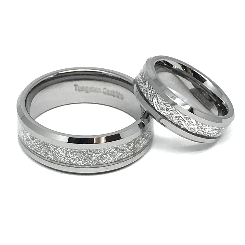 8mm/6mm Tungsten Carbide Beveled Edge Brushed Center Wedding Band Ring Set His & Hers Custom Engraving