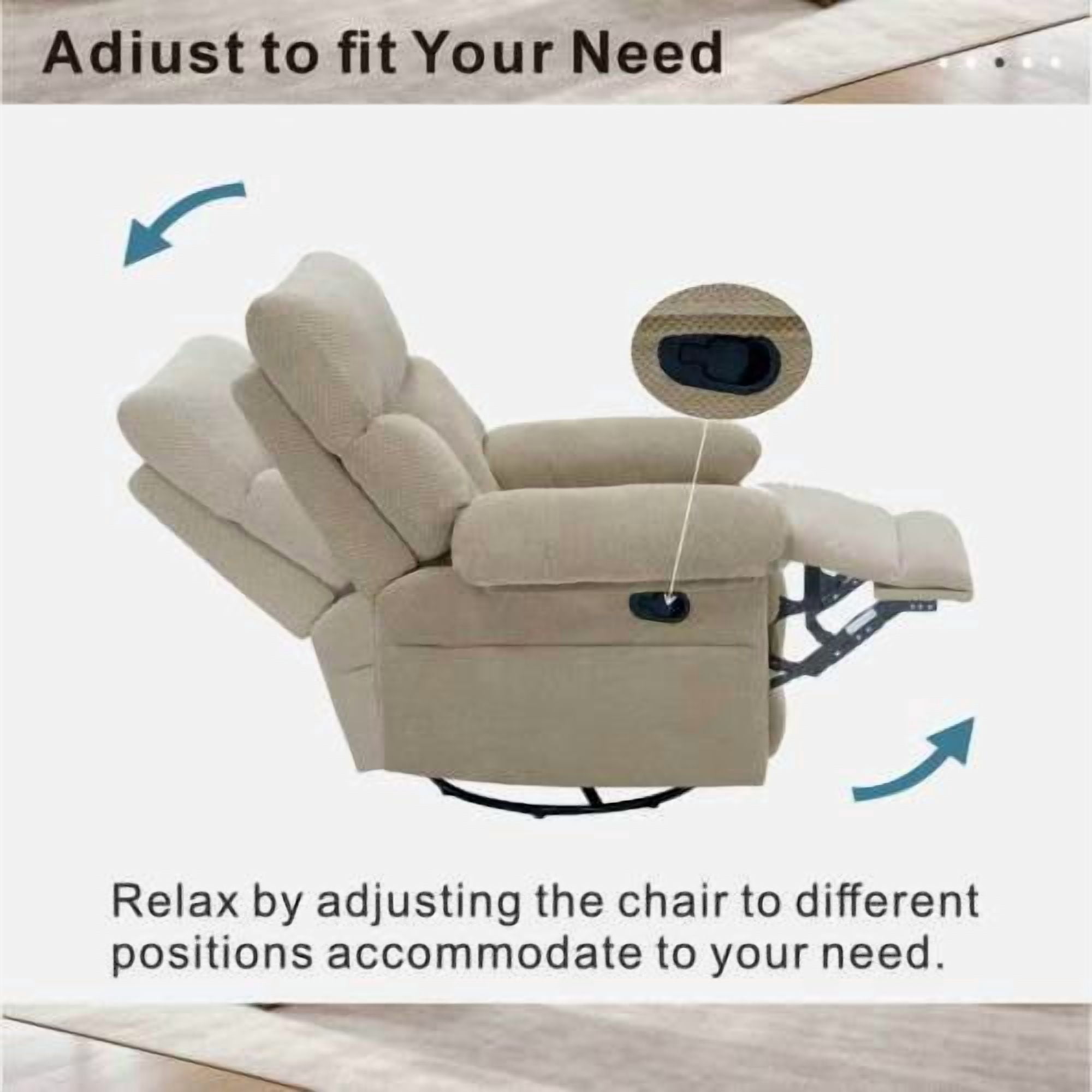 Modern Swivel Rocker Recliner Chair, Manual Overstuffed Glider Armchair with Textured Fabric, 360° Swivel & Rocking for Living Room and Nursery, Camel