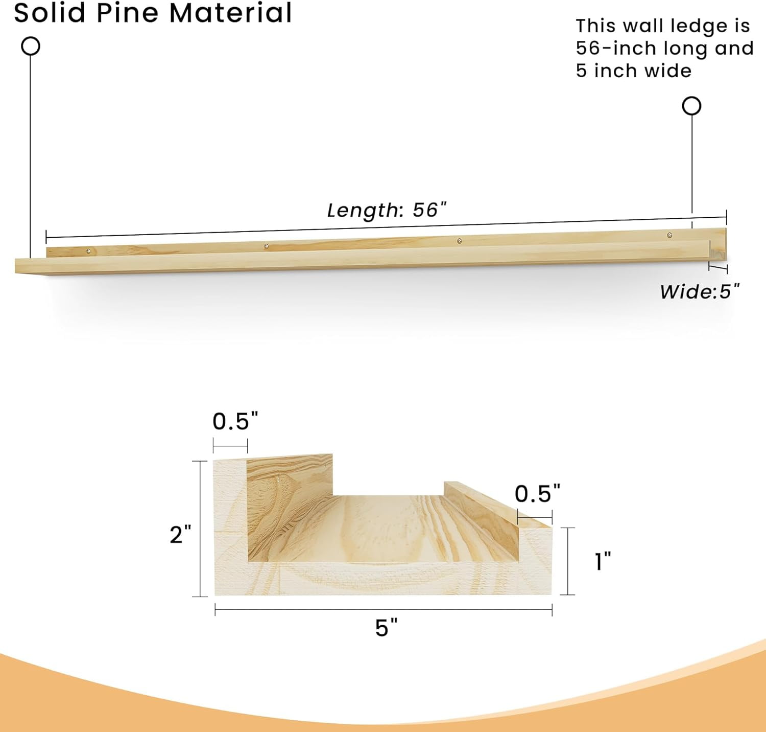 Long Floating Shelves for Wall, 56 inch Solid Wood Picture Ledge Shelf, Picture Shelf for Wall with Ledge, Floating Book Shelves for living room Bedroom Nursery Decor, Natural Finished, Set of 2