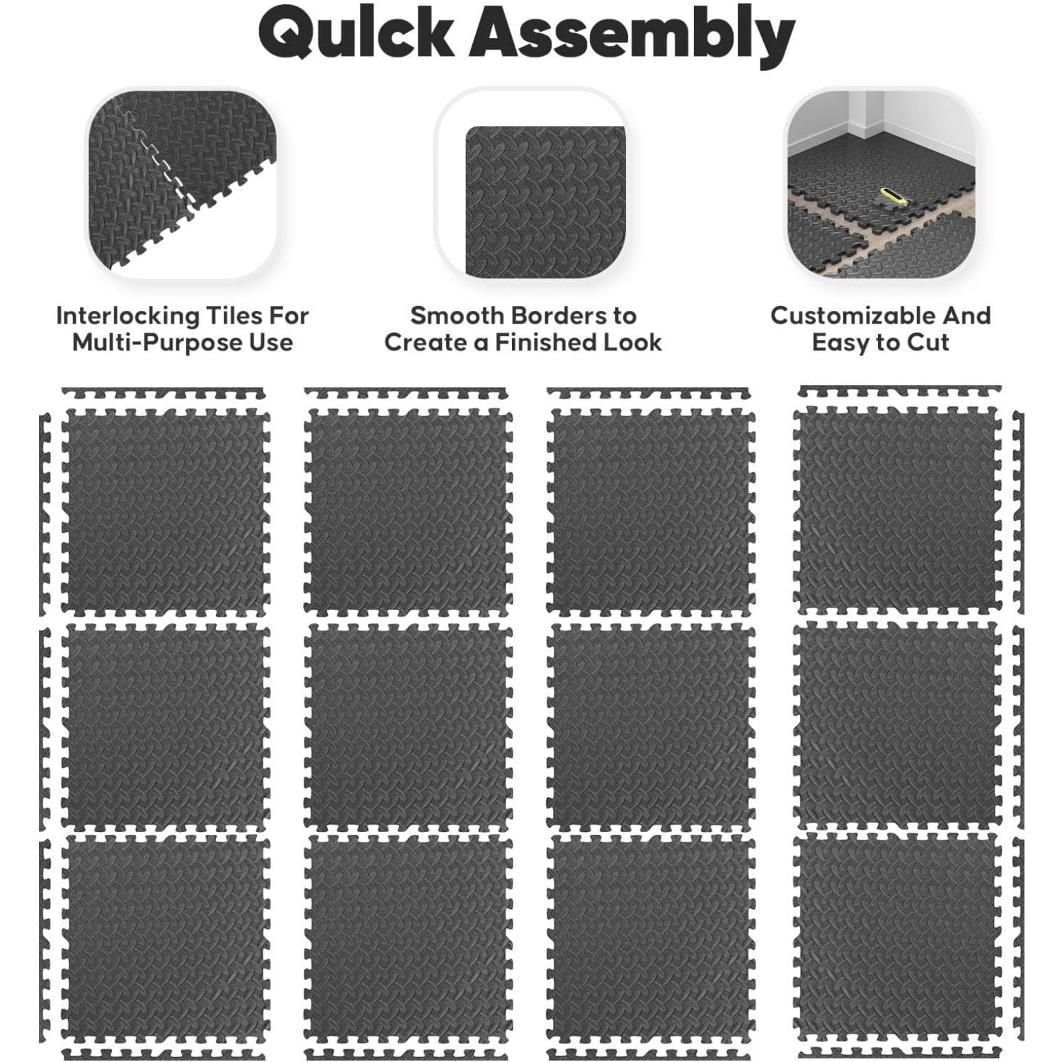 Home Gym Mat, Puzzle Exercise Mat, EVA Interlocking Foam Floor Tiles for Home Workout Equipment and Kids' Play Areas - Black, 24 in x 24 in x ½ in - 16 Tiles (Black, 16 Pack, 64 SQ FT)