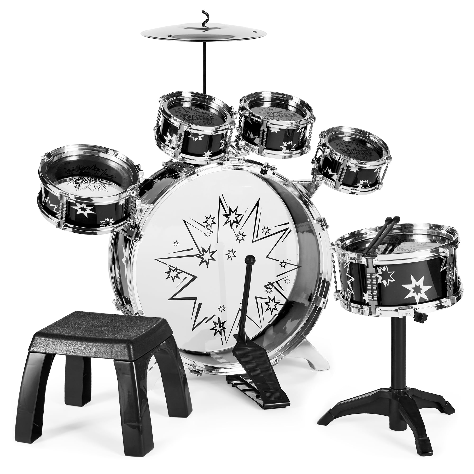 Best Choice Products 11-Piece Kids Starter Drum Set w/ Bass Drum, Tom Drums, Snare, Cymbal, Stool, Drumsticks - Black