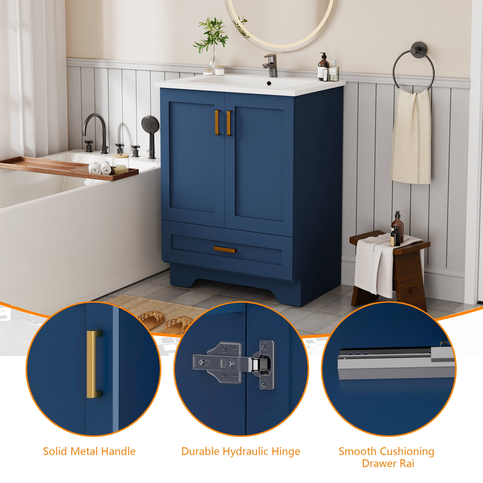 KZElegy 24" Bathroom Vanity with Ceramic Sink Freestanding Vanity Sink Cabinet with 2 Door & 1 Drawer,Blue