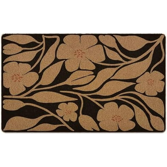 Floral Door Mat, Black Flower Plants Welcome Front Door Mat Indoor Outdoor Entrance for Camper, Botanical Rustic Artificial Doormat 17x30 Inch.