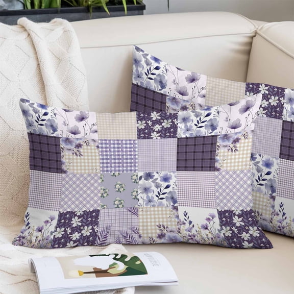 Spring Floral Pillow Covers 12"x20", Dark Purple Flowers Patchwork Grid Bohemia Soft Brushed Microfiber Breathable Throw Pillow Covers, Pillowcase with Zipper for Couch Sofa Bedroom Living Room