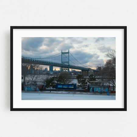 RFK Bridge From Astoria Park - Queens New York Photography Bridge Cityscape Winter Architecture Skyline Scenic Water Black Framed Wall Art Print 24 x 36 inches