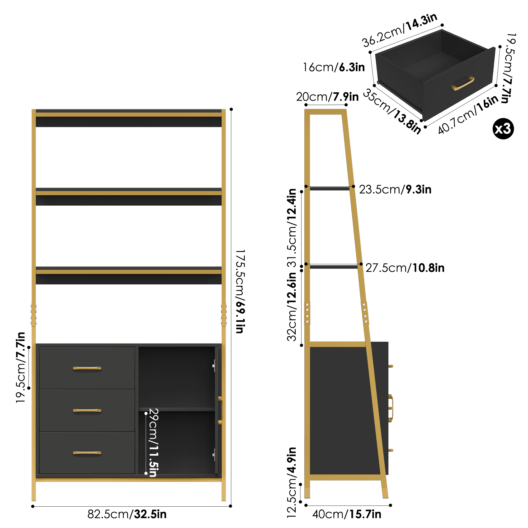 Homfa 3 Tier Display Storage Shelves with 3 Drawers, Gold Metal